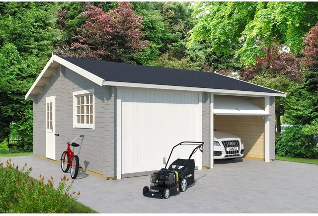Lasita Maja Doppel-Holzgarage Falkland mit Schwingtor in Lichtgrau, Außenmaß B/T: 628,6 x 635 cm - Bild 1