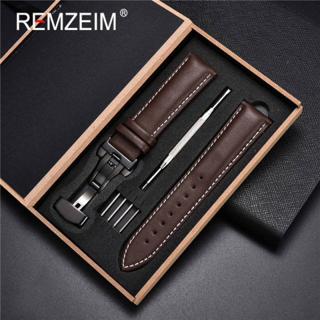 Uhrenarmband Echtleder, Kalbsleder, Schwarz, Braun, Schmetterlingsschließe, Herren - Bild 1