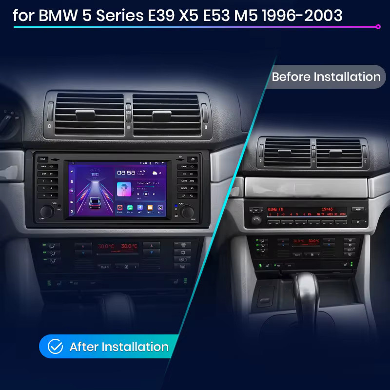 Junsun 7-Zoll Kabelloses CarPlay und Android Auto Autoradio für BMW 5er E39 X5 E53 M5 in Schwarz mit IPS Touchscreen und Multimedia-Funktionen - Bild 2