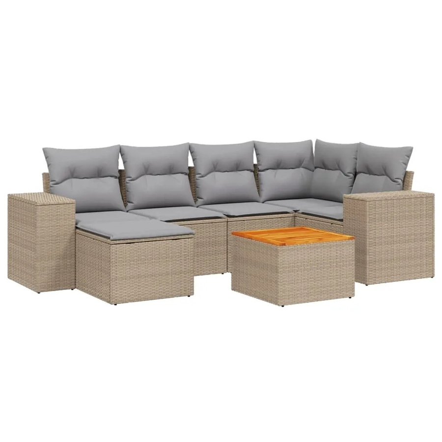vidaXL 7-teilige Garten-Sofagarnitur in L-Form aus Poly-Rattan und Akazienholz in Beige-Grau mit wetterfesten Kissen - Bild 2