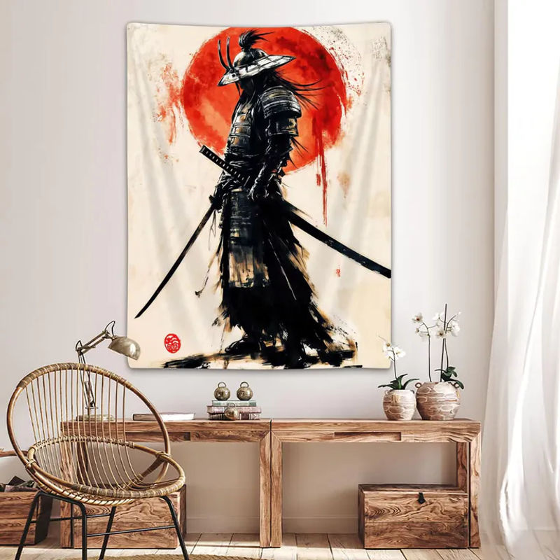 VIKAMA Anime Wandteppich Japanischer Samurai Ukiyo-e mit roter Sonne, mehrfarbig, B: 60 cm, H: 40 cm - Bild 4