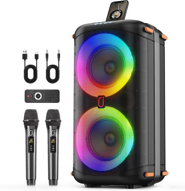 FanFun T27-T Karaoke-Maschine in Schwarz mit 2 kabellosen Mikrofonen, Party-PA-System mit Disco-Lichtern und zwei 6,5-Zoll-Subwoofern - Bild 1