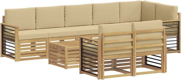 vidaXL Outdoor-Sofagarnitur L-Form aus Akazie mit Polstern in Weiß, Beige und Braun, 9-teiliges Set, B/T/H: 59 x 59 x 37 cm - Bild 1