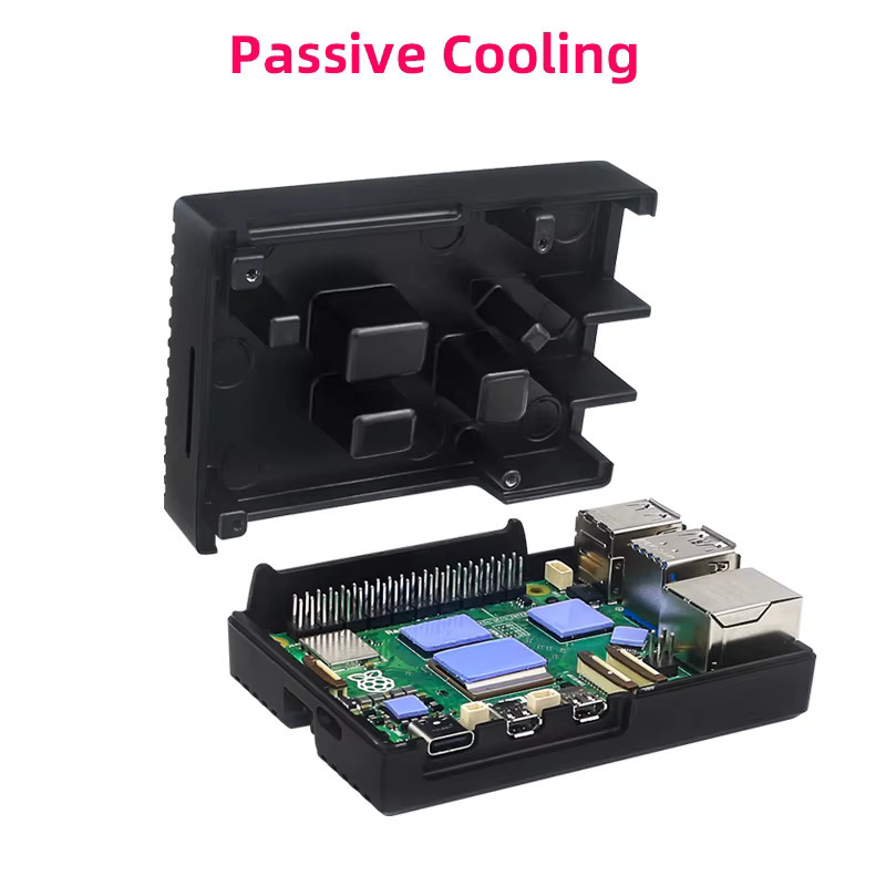 Raspberry Pi 5 Aluminiumgehäuse in Schwarz, passives Kühlgehäuse mit Silikon-Kühlkörper und Schalterknopf für geräuschlose Wärmeableitung - Bild 2