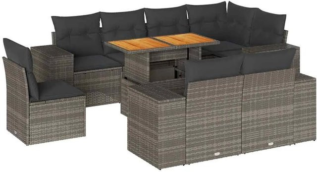 vidaXL 9-teilige Garten-Sofagarnitur in L-Form aus grauem Poly-Rattan mit Kissen und pulverbeschichtetem Stahlgestell - Bild 1