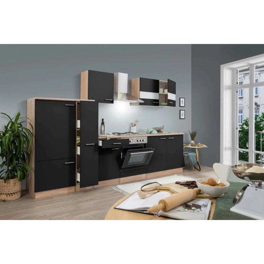 Respekta Küchenzeile Schwarz-Eiche Sägerau ohne Elektrogeräte mit Soft-Close-Glasfronten, Breite: 300 cm - Bild 2