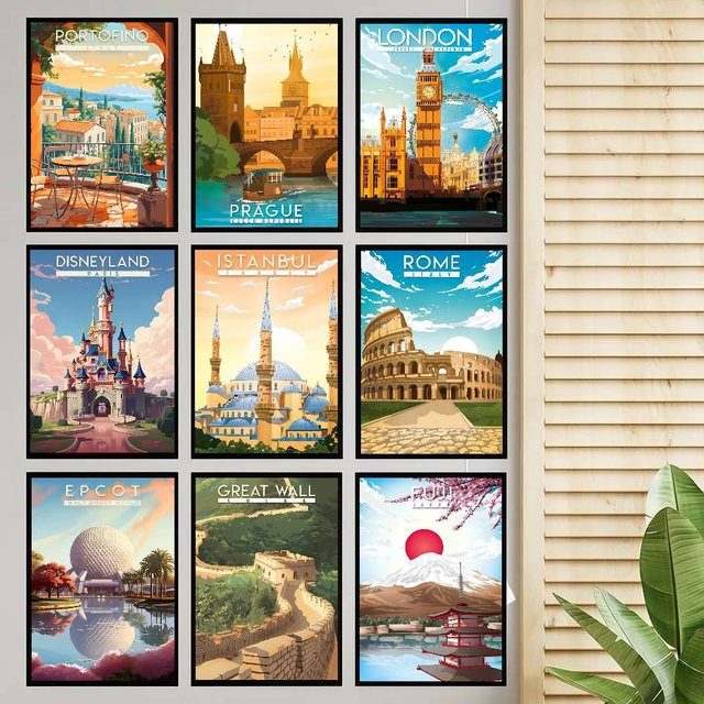 Selbstklebendes Wandposter mit klassischen Stadt-Reiseillustrationen in Mehrfarbig von Bilibili - Bild 1