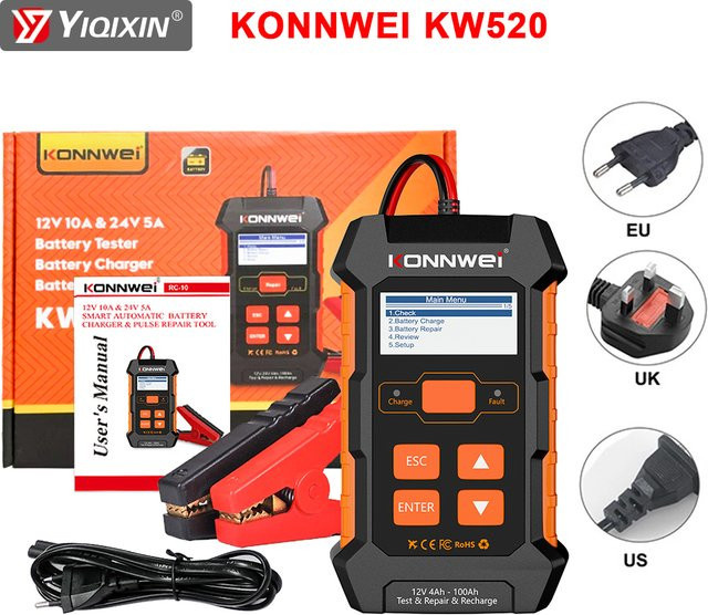 KONNWEI KW520 Automatischer Batterie Tester und Ladegerät für Auto und Lkw in Schwarz, 12V 10A und 24V 5A, für Blei, Acid, AGM, Gel und Lithium mit Puls Reparatur Funktion - Bild 1
