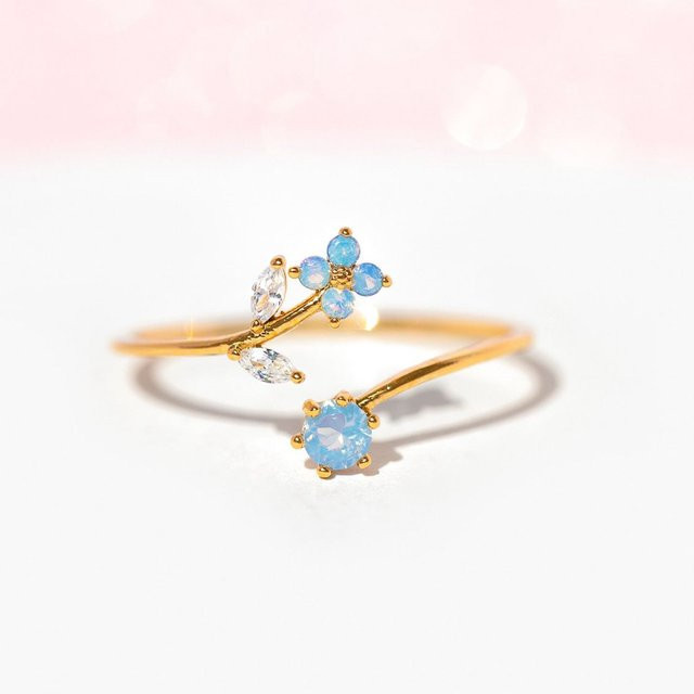 MEISHICHAO Ring, 18K vergoldet, blaue Zirkonia, Blume, Damen - Bild 1