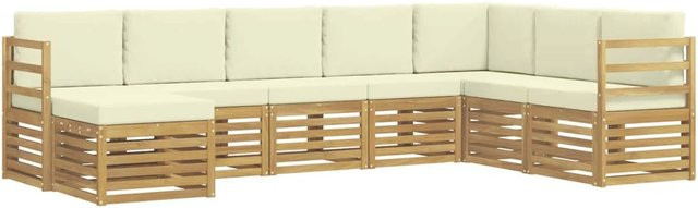 vidaXL Outdoor-Sofagarnitur 8-teilig in L-Form aus Akazienholz mit Polsterkissen, Weiß und Beige, B/T/H: 304 x 185,5 x 73 cm - Bild 1