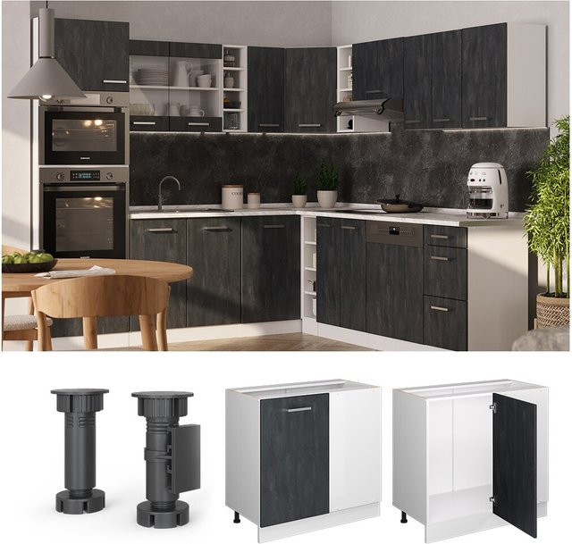Vicco Eckunterschrank R-Line in Schwarz Beton und Weiß mit Arbeitsplatte in Weiß-Marmor, Breite: 86 cm - Bild 1