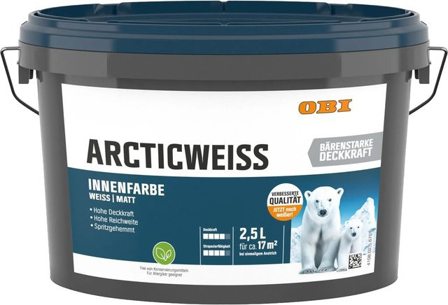OBI Wandfarbe Arcticweiss Weiß Matt, 2,5 l - Bild 1