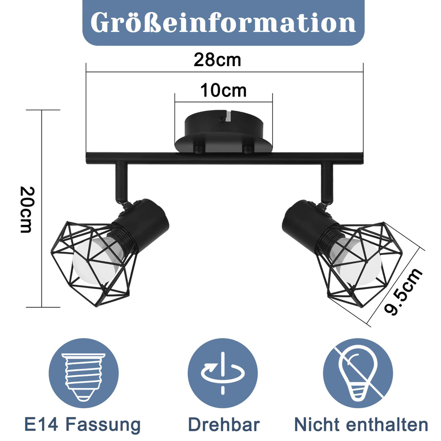 Nettlife 2-flammige Deckenlampe im Industrie-Design, Schwarz, E14, verstellbar und schwenkbar aus Metall - Bild 5