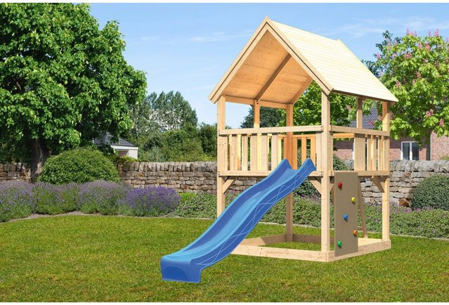 Karibu Spielturm Luis mit Satteldach, Kletterwand und Rutsche in Blau - Bild 1
