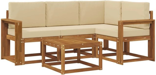vidaXL Outdoor-Sofagarnitur in L-Form aus Akazienholz mit 5 Polsterkissen in Natur und Beige - Bild 1