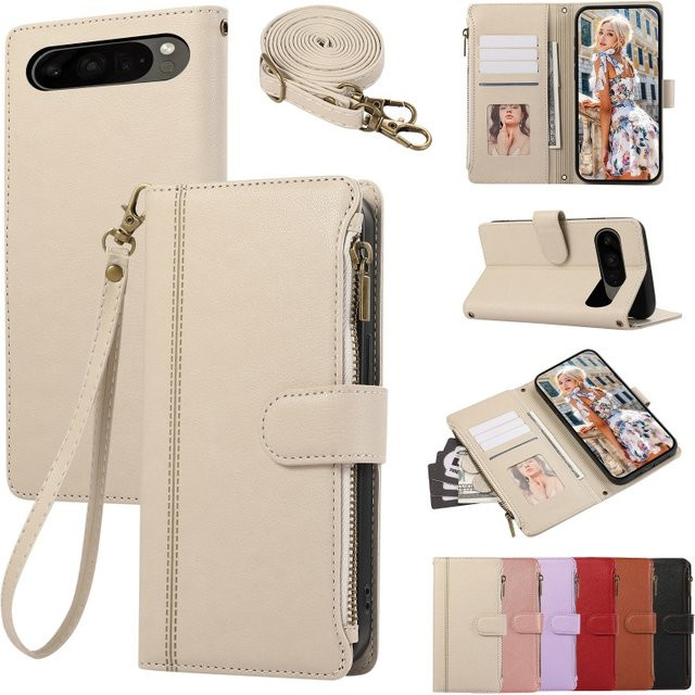 Leder Flip Wallet Handyhülle mit Reißverschluss und Lanyard für Google Pixel 10 Pro XL 9 8 7 in Gold - Bild 1