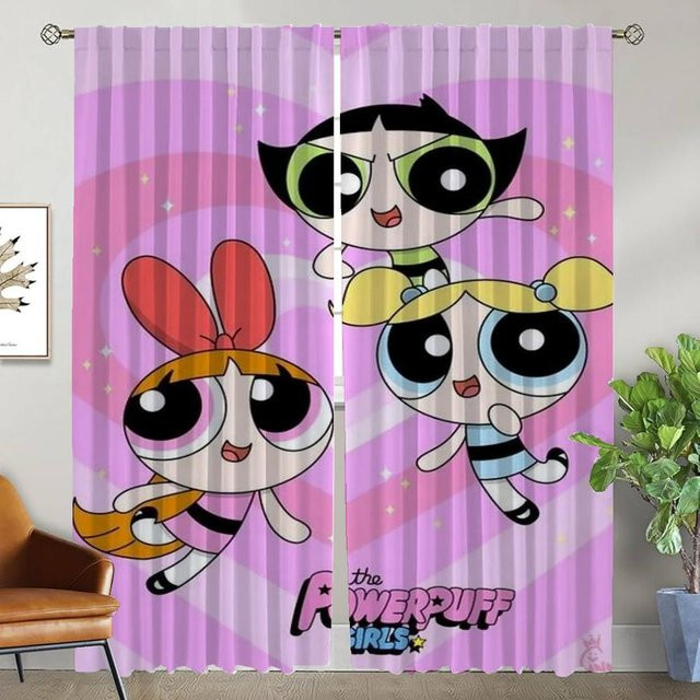 The Powerpuff Girls Verdunkelungsvorhänge aus Tüll mit Motiv, 2er-Set, Mehrfarbig, Breite: 50 cm, Höhe: 70 cm - Bild 1