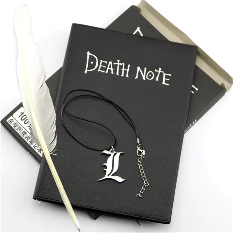 Anime Death Note Set mit schwarzem Leder-Notizbuch, Federkugelschreiber und Halskette in Silber und Schwarz - Bild 2