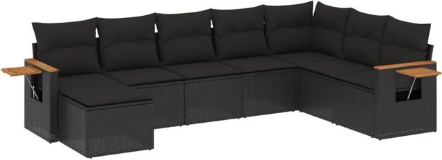 vidaXL 8-tlg Garten-Sofagarnitur in L-Form aus Polyrattan und Akazienholz mit Kissen in Schwarz - Bild 1