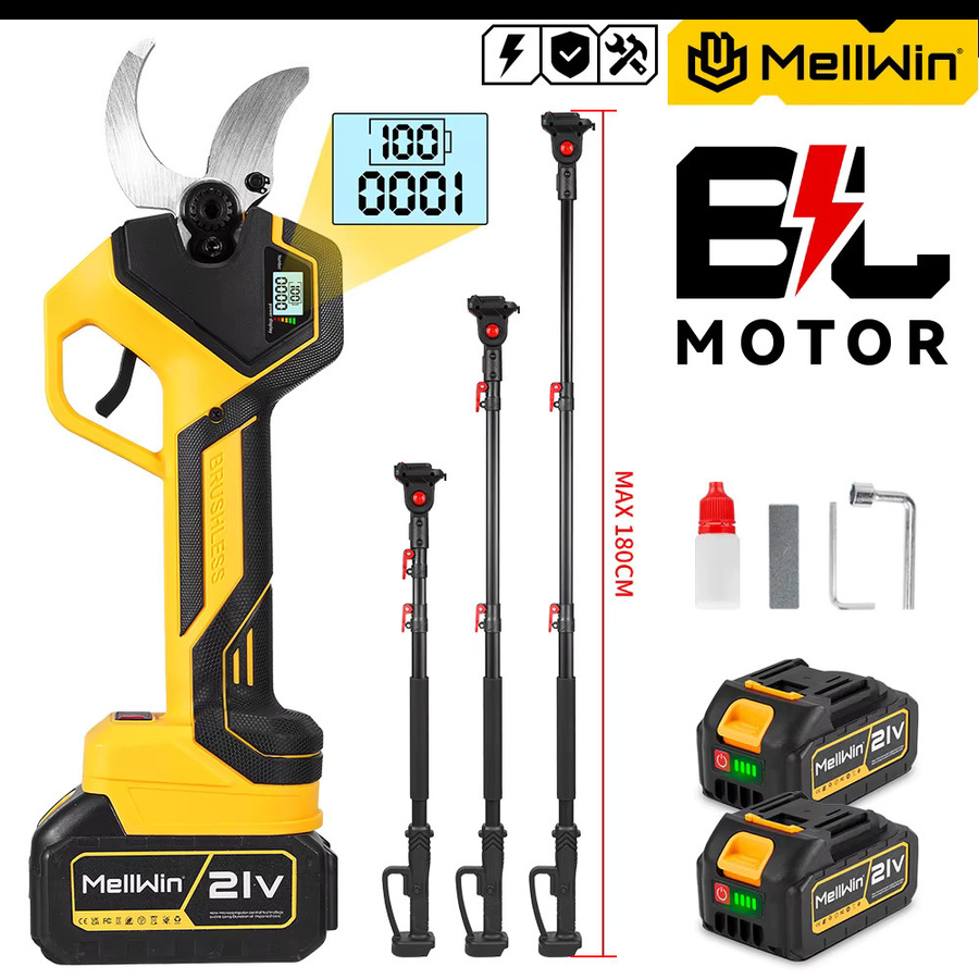 MELLWIN Bürstenlose Elektro-Gartenschere mit 50 mm Schneidblatt und 180 cm Teleskopstange in Gelb für Makita LXT 18V Akku - Bild 6