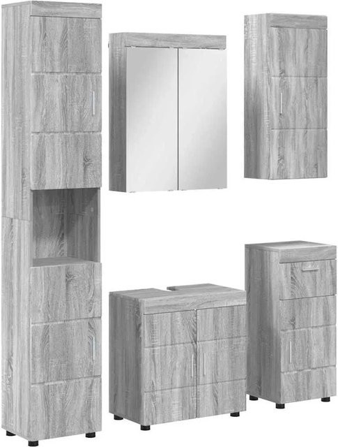 vidaXL Badezimmermöbel-Set TULUM in Grau, modern gestaltetes Set bestehend aus Waschtischunterschrank, Spiegelschrank, Wandregal und Hochschrank aus MDF mit LED-Beleuchtung, B/T/H: 85,2 x 60,0 x 34,0 cm, 63,0 x 34,0 cm und 120,0 x 34,0 x 60,0 cm - Bild 1