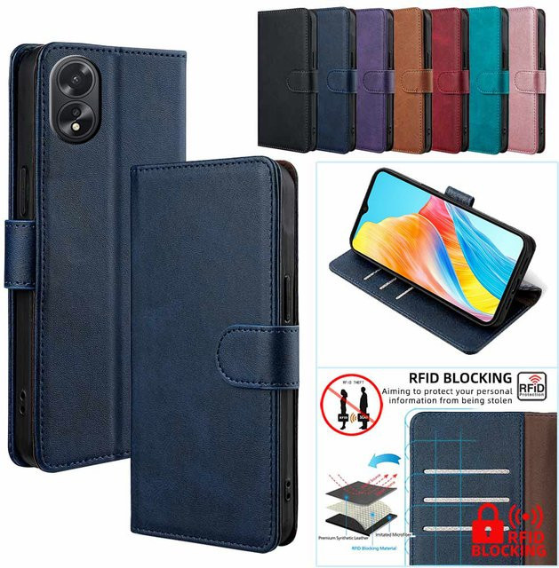 Vollschutz Handyhülle mit Magnetverschluss aus PU-Leder für OPPO A38 A36 A18 A16 A58 A58X A54S A55 A52 A92 A57 A15 in Blau und Grün - Bild 1