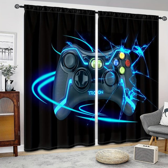 Yiran Furniture Gaming-Vorhang-Set für Kinder in Grün und Schwarz, 2-teilig, semi-transparent mit Game-Controller-Motiv, Breite: 100 cm, Höhe: 130 cm - Bild 1