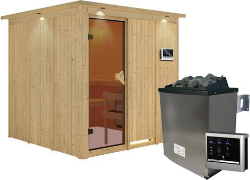 Karibu Sauna Valga aus Fichtenholz in Beige inklusive 9 kW Saunaofen mit externer Steuerung für 4 Personen, B/T/H: 210 x 202 x 210 cm - Bild 1