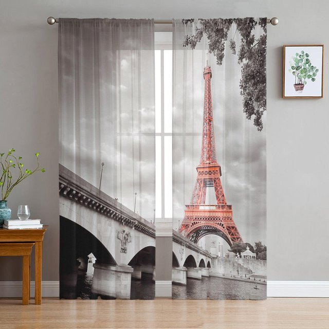 Rosa Chiffon-Vorhang mit Eiffelturm, Ballon und Fahrrad Motiv, transparent, B: 100 cm, H: 250 cm - Bild 1