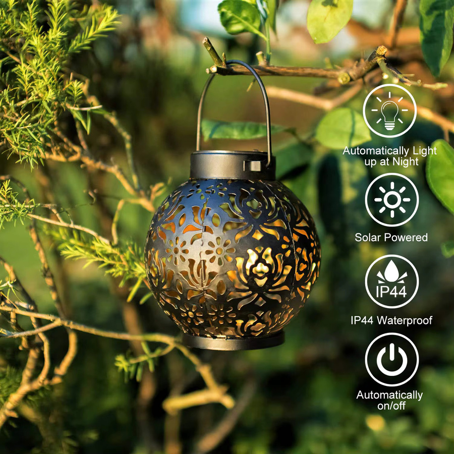 Wasserdichte Solar-Gartenleuchte aus Eisen im marokkanischen Stil mit LED-Projektion in Schwarz und warmweißem Licht - Bild 3