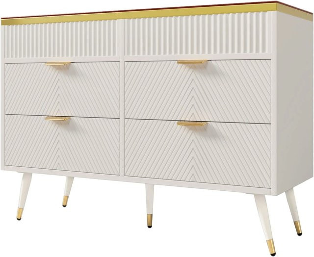 okwish Kommode mit 6 Schubladen und Bernstein Glas in Weiß, B/T/H: 120 x 40 x 76 cm - Bild 1