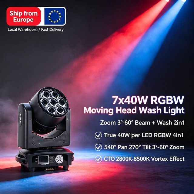Carinamoba Bee Eye Zoom Moving Head 7x40W RGBW 4in1 LED Bühnenlicht für DJ, Disco und Nachtclub in Schwarz - Bild 1
