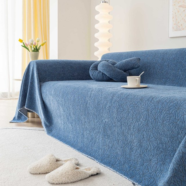 Wasserdichter und katzenkratzfester Sofaüberwurf aus Chenille in Blau, B/B: 180 x 420 cm - Bild 1