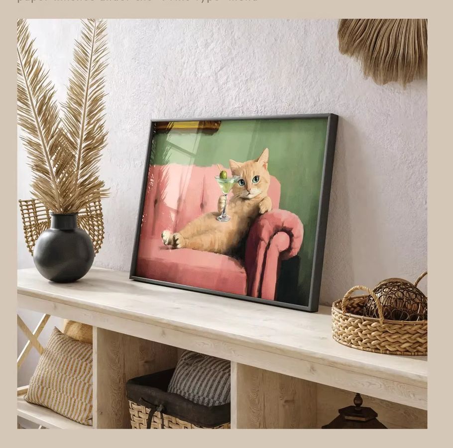 Retro Wandkunst SHENCHEN mit orangefarbener Katze und Martini als Vintage Ölgemälde-Druck für deine Bar-Dekoration - Bild 3