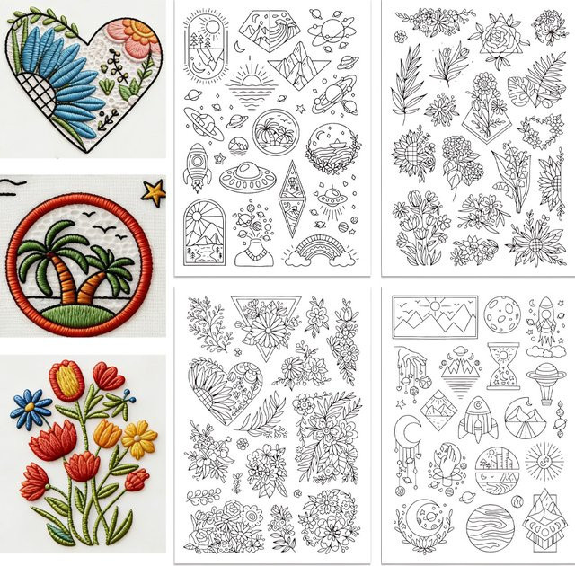 Wasserlösliche Stickerei-Aufkleber mit Blumenmuster, 4 Blätter Stick-und-Näh-Transferpapier für Handnäh-Anfänger - Bild 1