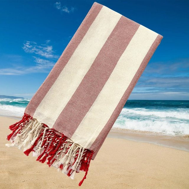 Gestreiftes Strandtuch mit Quasten von Yiran bag in Rot, schnelltrocknendes Badetuch aus Baumwolle und Polyester, B/B: 100 x 180 cm - Bild 1