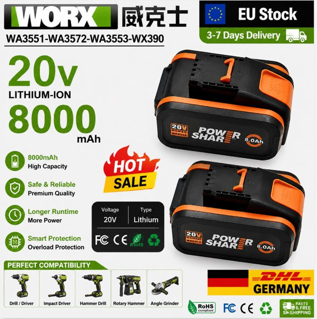 Worx Akku 8 Ah und 4 Ah für 20 V Geräte in Schwarz - Bild 1