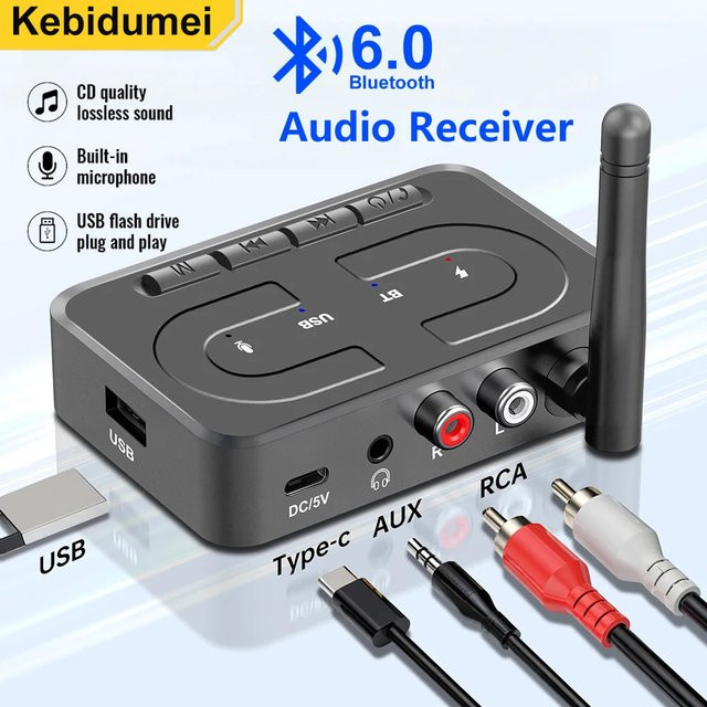 Kebidumei Bluetooth 6.0 Audio Adapter mit RCA und 3,5 mm AUX Jack für Stereo Musik und U-Disk Wiedergabe - Bild 1