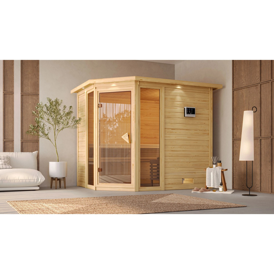 Karibu Sauna Sanna 3 aus Fichtenholz mit Edelstahlofen und integrierter Steuerung, Farbe Braun, B/T: 236 x 184 cm - Bild 3