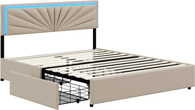 PXloue Polsterbett mit LED-Beleuchtung und Schubladen in Beige aus Leinen, B/T/H: 160 x 200 x 108 cm - Bild 1