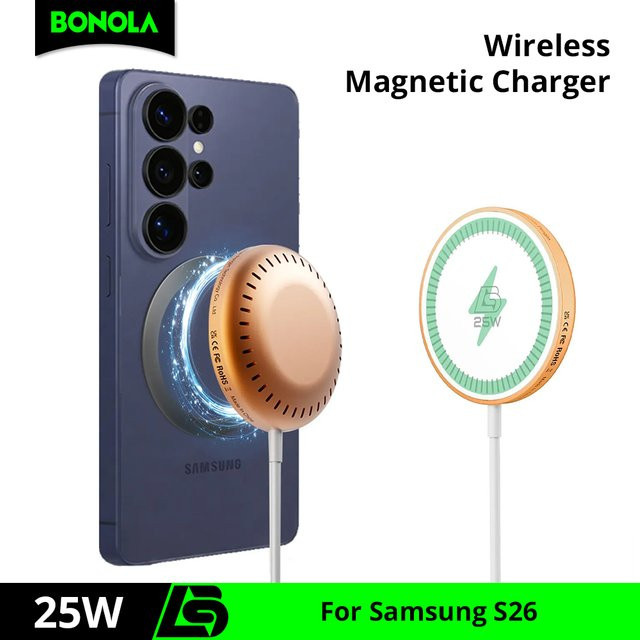 Bonola Magnetisches Kabelloses Ladegerät 25W in Orange mit USB-C für Samsung Galaxy S26 Ultra, S25, S24, S23 und S22 Android Smartphones - Bild 1