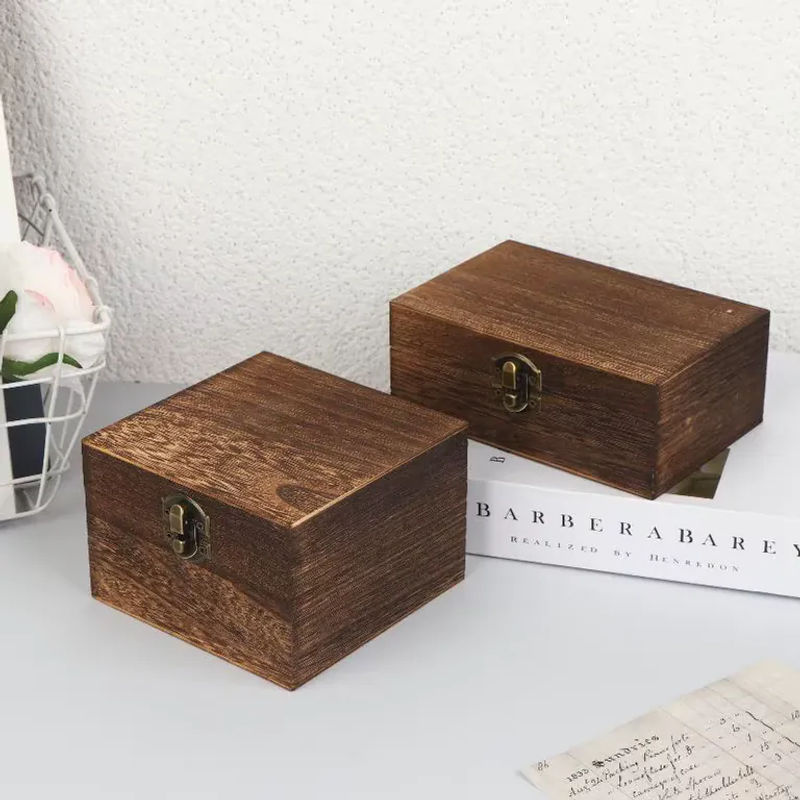 Velishy Vintage Holzkiste mit Deckel und Scharnier, quadratische Aufbewahrungsbox aus Holz für Schmuck und Bastelarbeiten - Bild 3