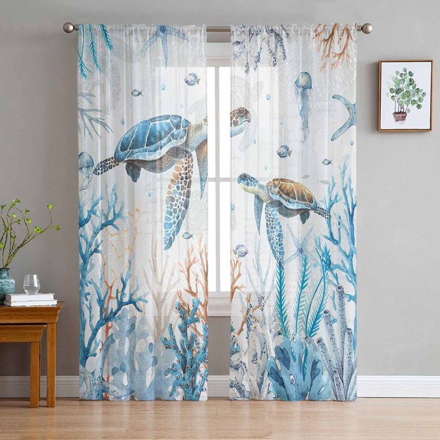 Super Six Chiffon Fenstervorhang Marine Korallen Design in Weiß, B: 135 cm, H: 114 cm - Bild 1