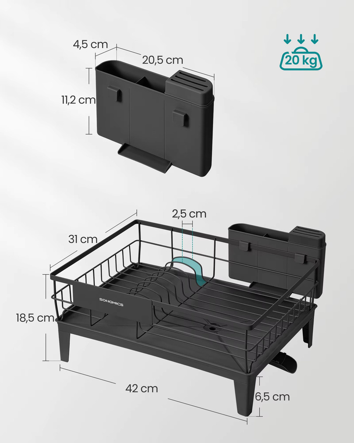 Songmics Abtropfgestell für Geschirr in Schwarz mit ausziehbarem Ablauf, Abtropfschale und Besteckhalter, B/T/H: 31 x 42 x 18,5 cm - Bild 5