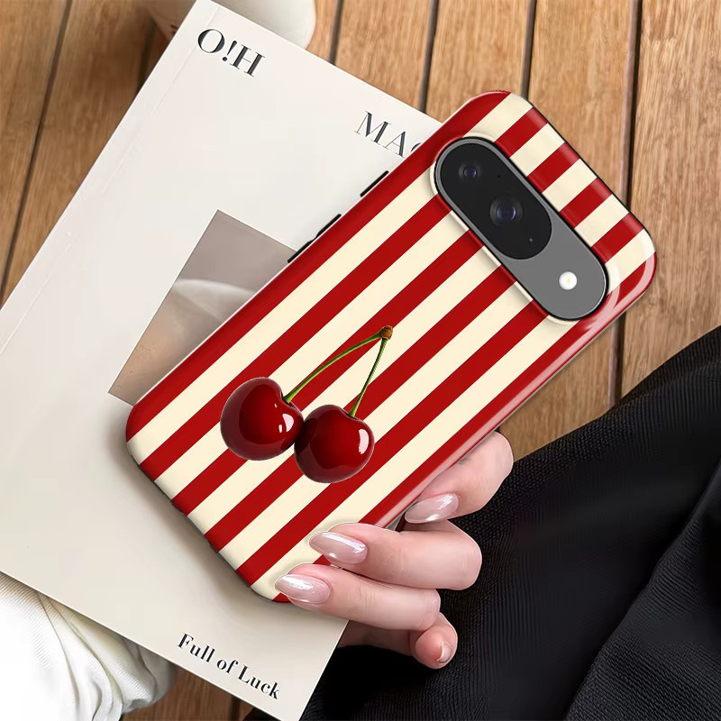 Fcicicase Handyhülle mit Kirschstreifenmuster für Google Pixel 10 Pro XL 10 Pro 10 9 9 Pro 8 8A 7A, stoßfeste matte Acryl-Abdeckung in Rot - Bild 4