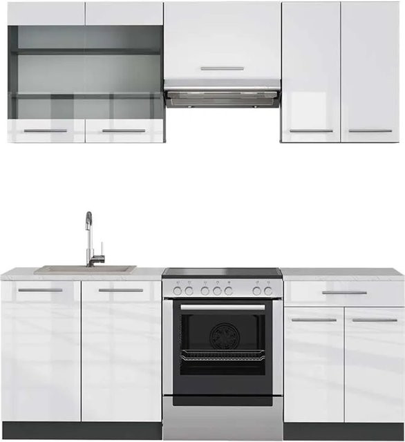Vicco Fame-Line Küchenschrank in Weiß Hochglanz und Anthrazit mit Marmor-Optik, Breite: 200 cm - Bild 1