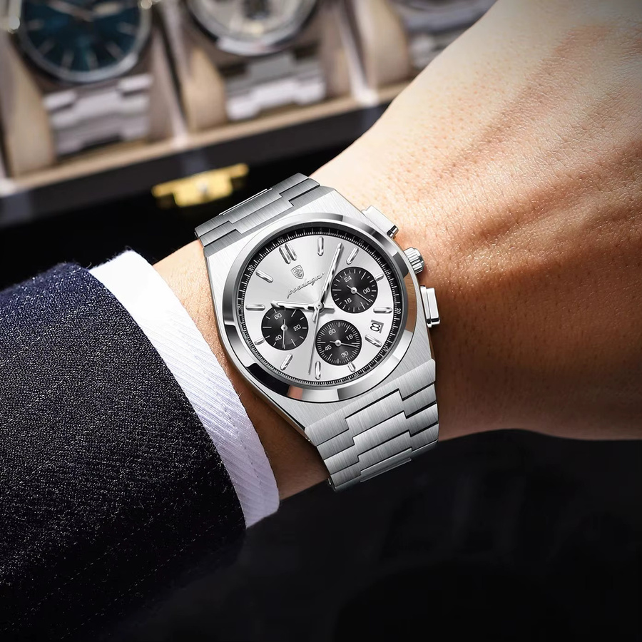 POEDAGAR Chronograph, Edelstahl, Quarz, Silber, Herren - Bild 5