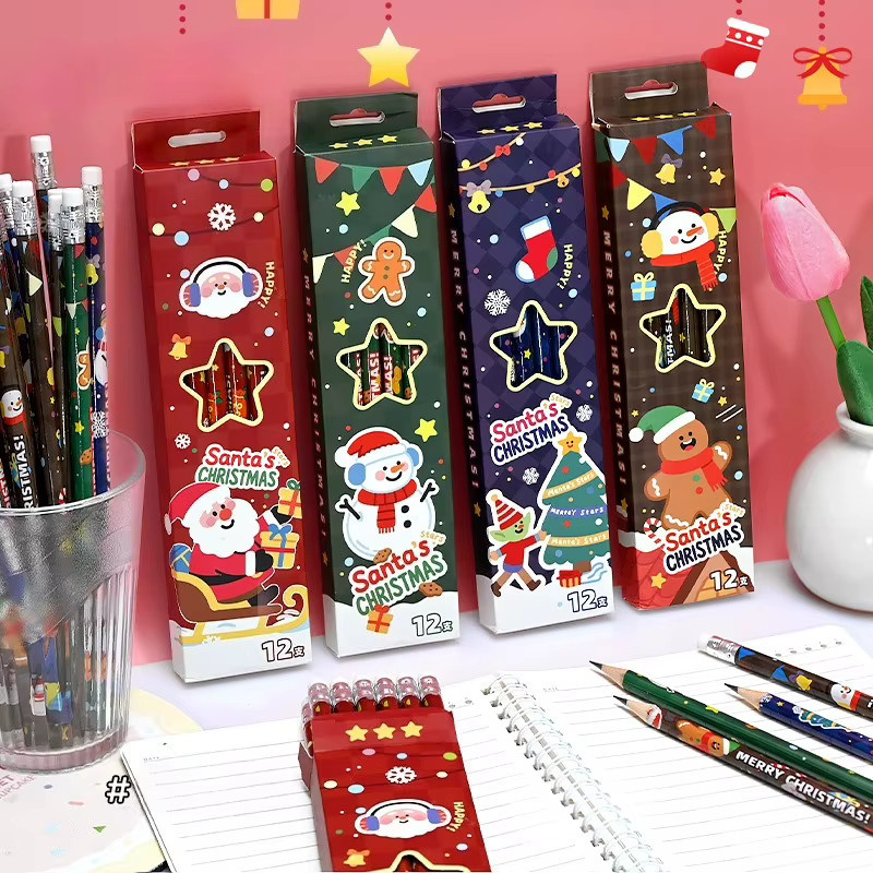 12 Stück TWBEB Weihnachts-Bleistifte 2B aus Holz mit Radiergummi, bunte Cartoon-Schreibstifte für Schüler und Studenten - Bild 2