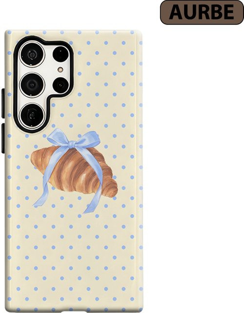 Stoßfeste Handyhülle mit Croissant und blauer Schleife für Samsung Galaxy S26 S25 S24 S23 Ultra Plus, robuste Doppelschicht Rückabdeckung, mehrfarbig - Bild 1