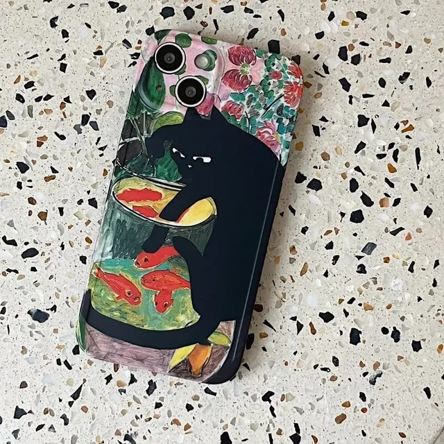 Retro Ölgemälde Schwarze Katze Silikon Handyhülle für iPhone 11 bis 17 Pro Max mini SE, Schwarz/Mehrfarbig - Bild 1